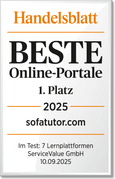 Award, Handelsblatt, Best Online Portals, 1st Place, 2025, sofatutor.com, Tested: 13 learning platforms, Partner: ServiceValue GmbH, Handelsblatt, September 10, 2025